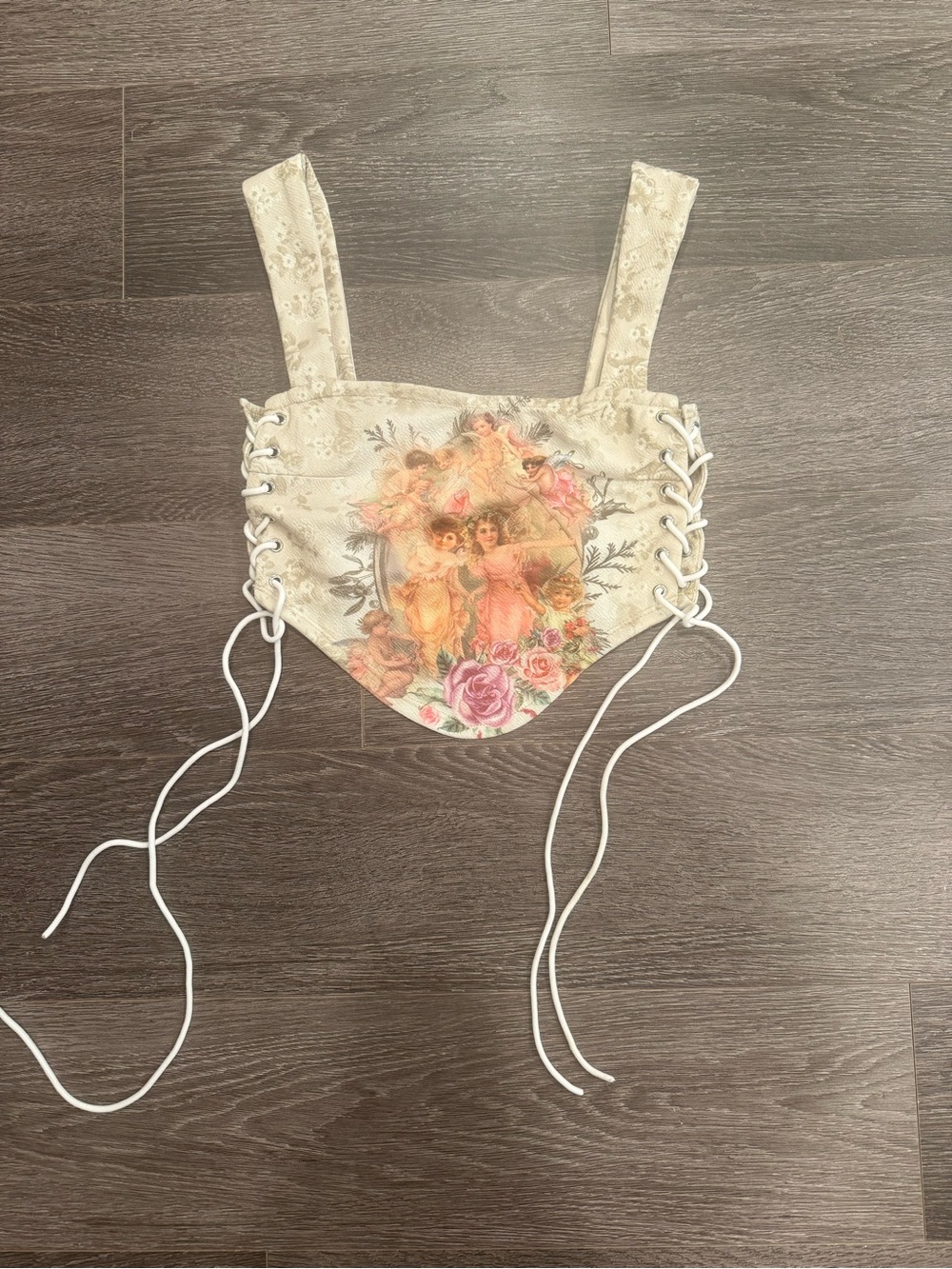 SHEIN Ivory Floral Lace-Up Corset Crop Top